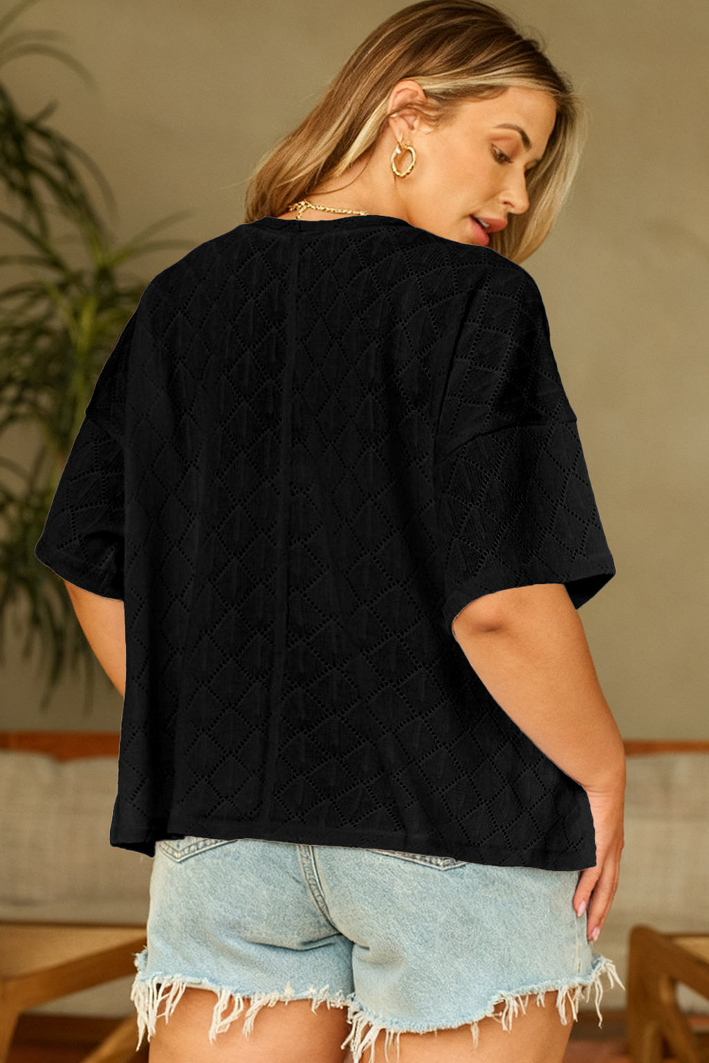 White Pointelle Rhombus Knit Plus Size V Neck Loose Top