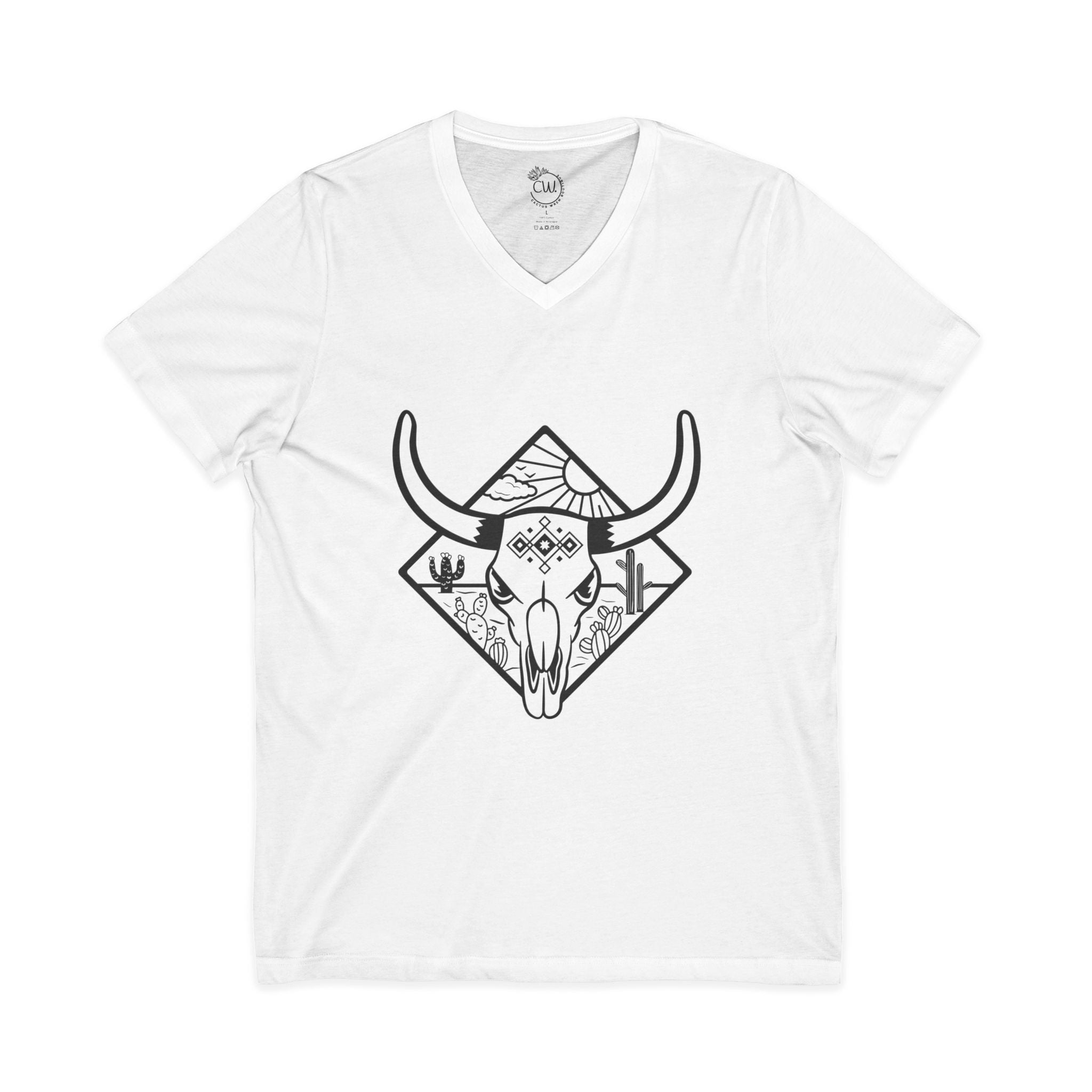 Western Skull V-Neck Tee — Desert Bull Skull Graphic Shirt