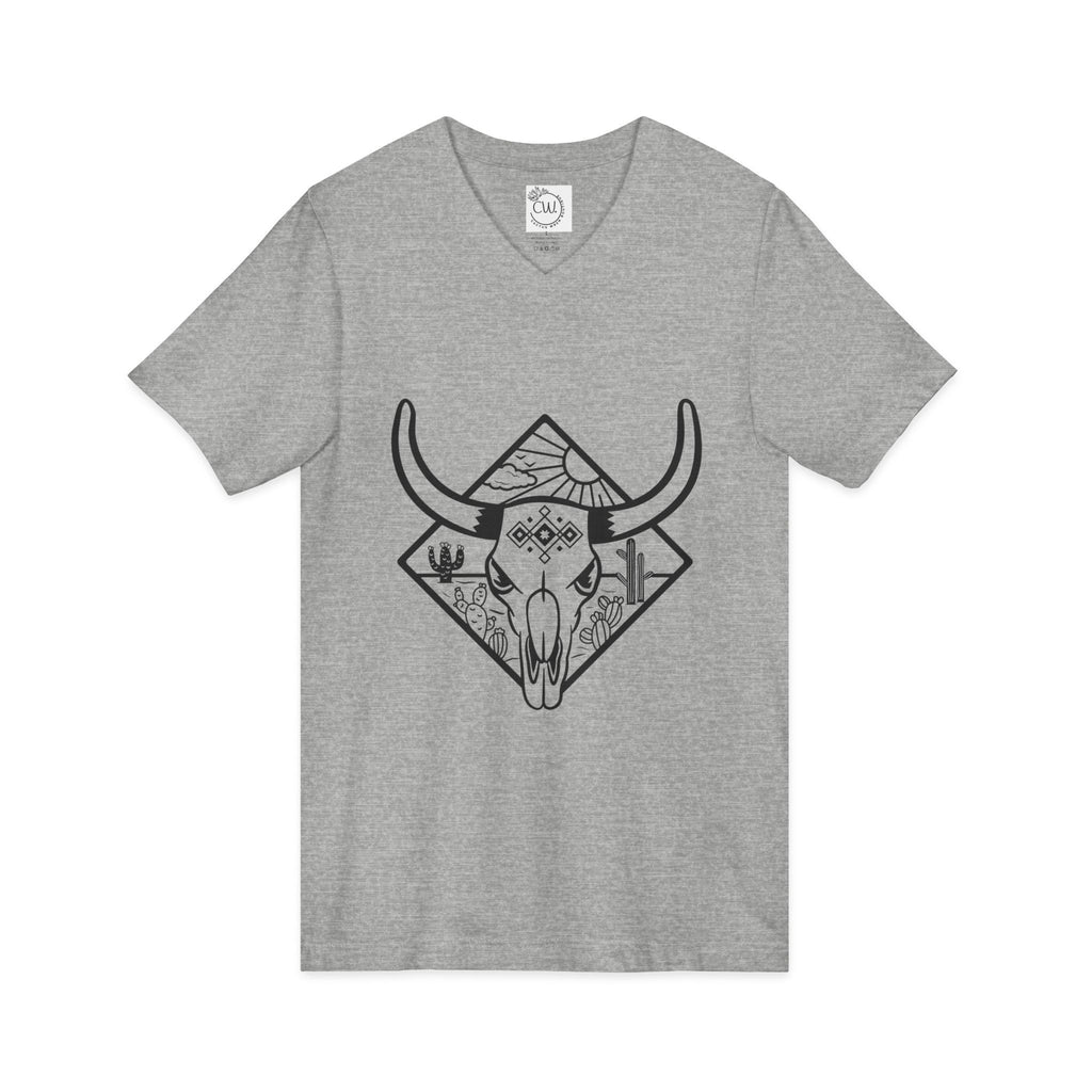 Western Skull V-Neck Tee — Desert Bull Skull Graphic Shirt