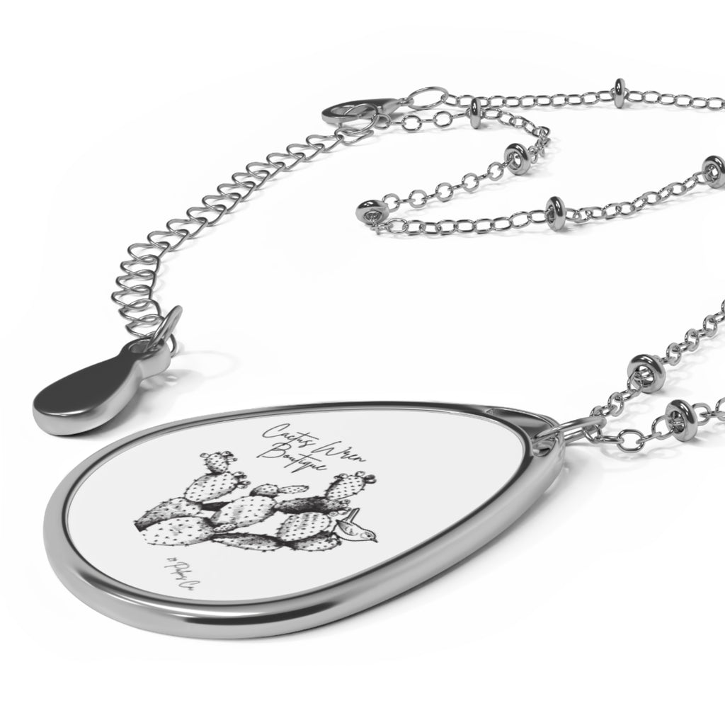 Oval Pendant Necklace with Cactus Illustration — Engravable Teardrop Jewelry
