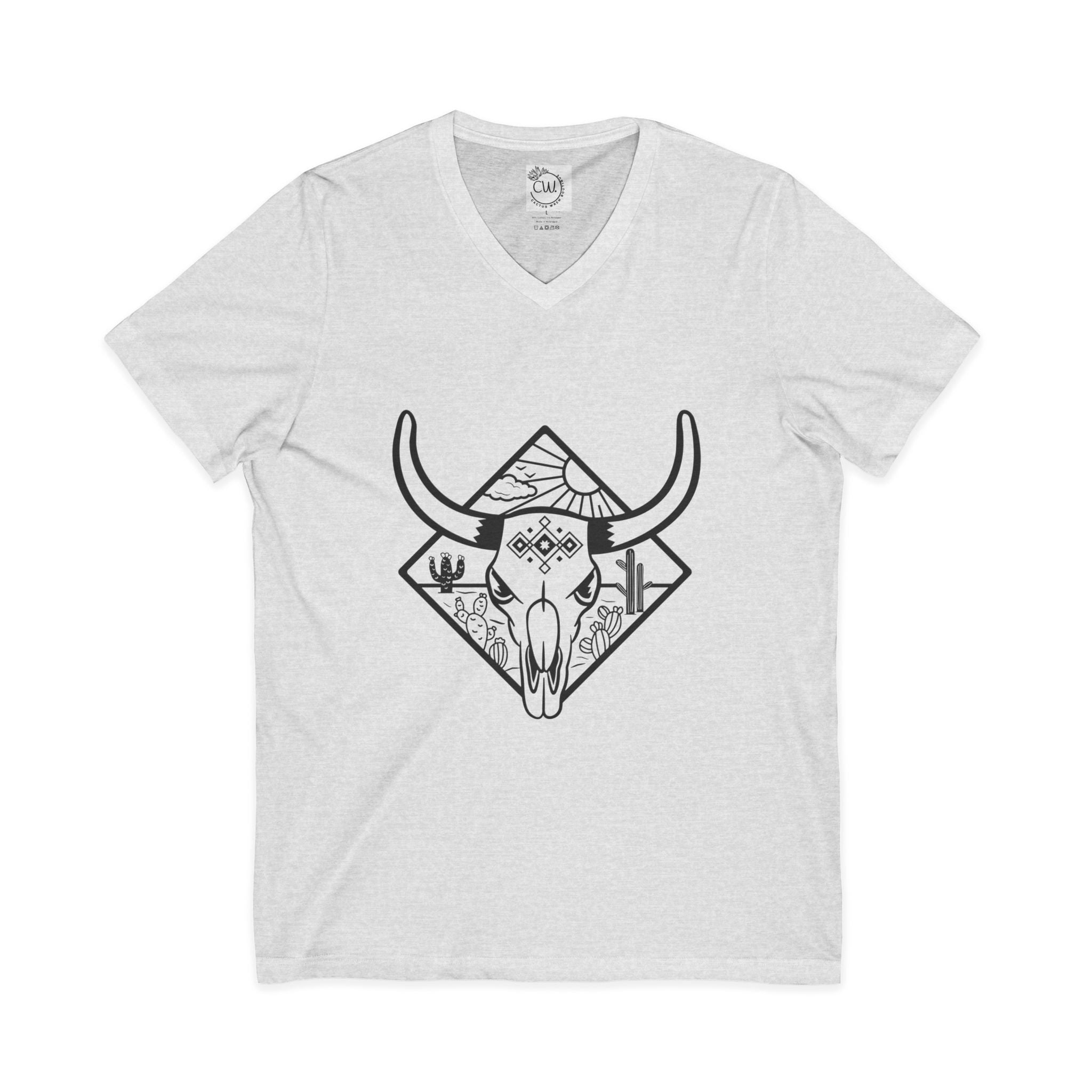 Western Skull V-Neck Tee — Desert Bull Skull Graphic Shirt