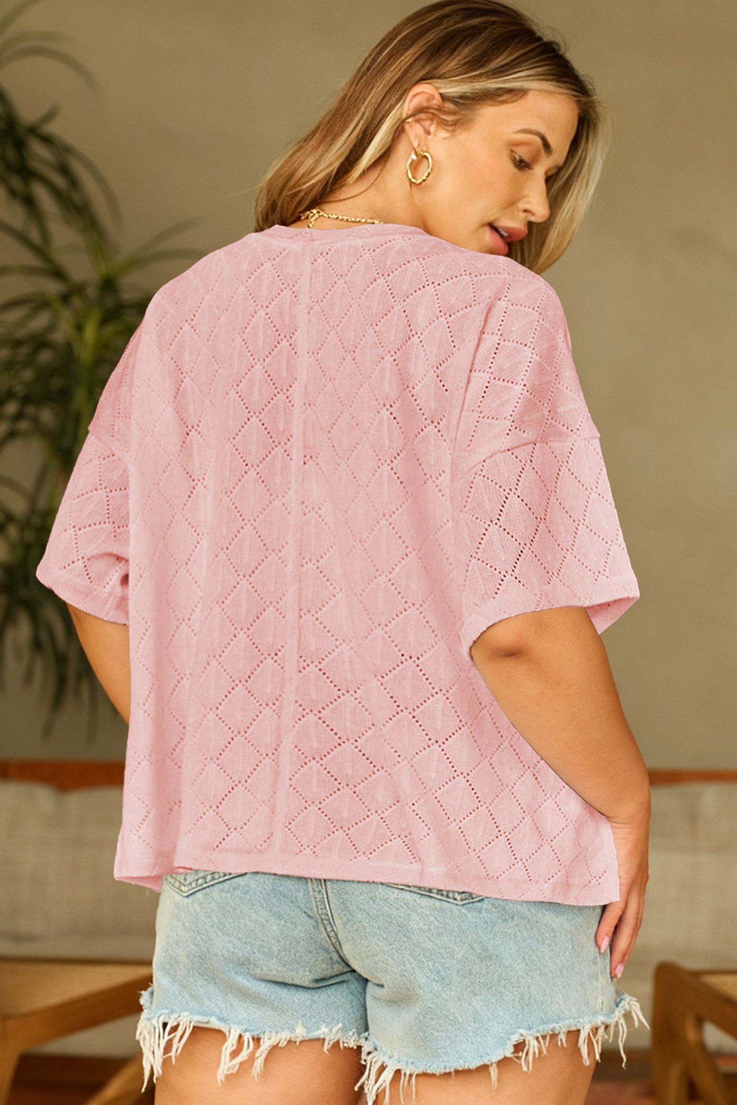 White Pointelle Rhombus Knit Plus Size V Neck Loose Top