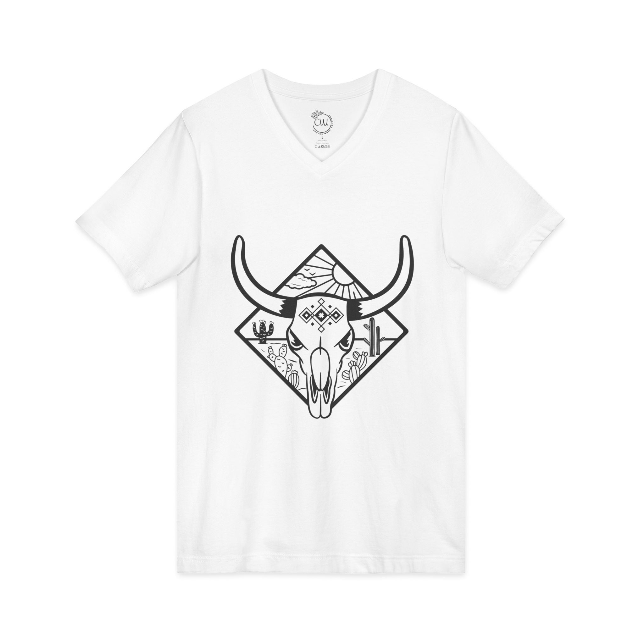 Western Skull V-Neck Tee — Desert Bull Skull Graphic Shirt