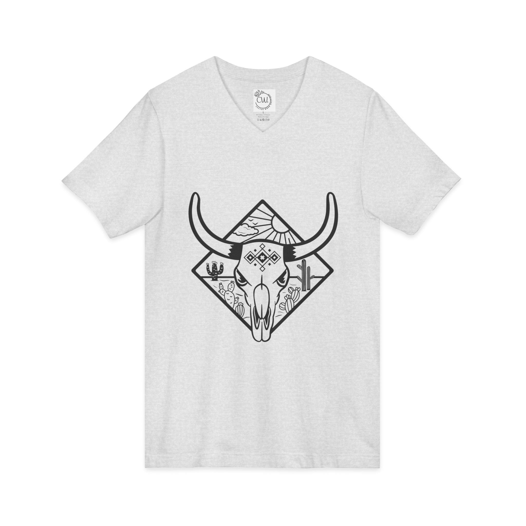 Western Skull V-Neck Tee — Desert Bull Skull Graphic Shirt