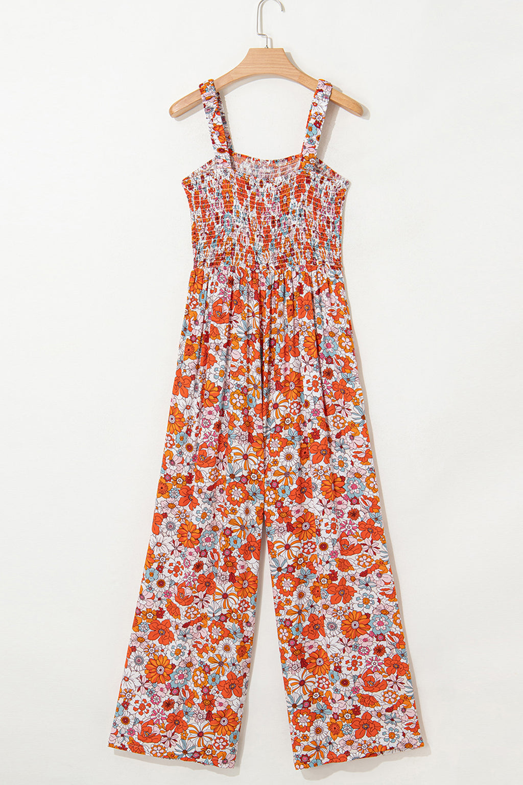 Orange Floral Print Sleeveless Smocked Shift Jumpsuit