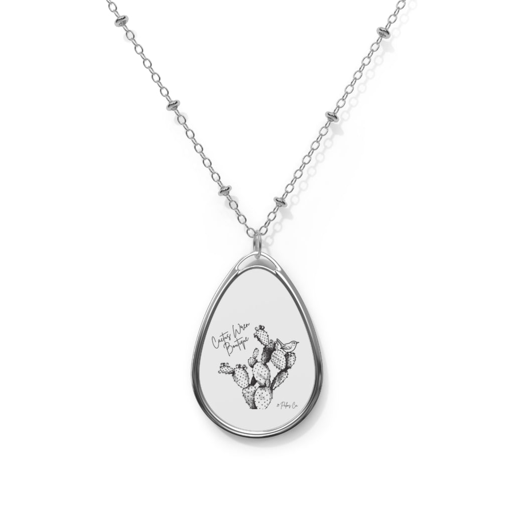 Oval Pendant Necklace with Cactus Illustration — Engravable Teardrop Jewelry