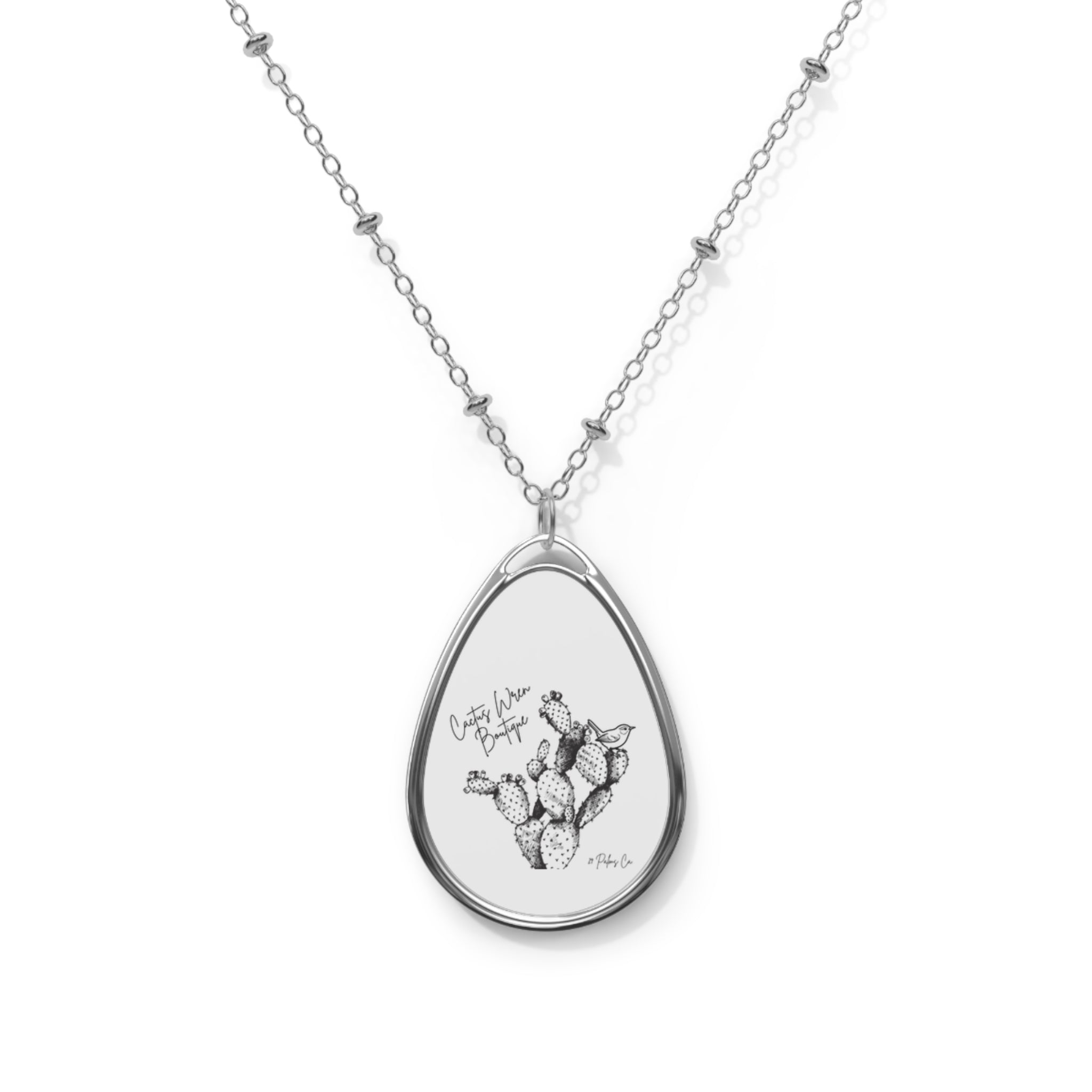 Oval Pendant Necklace with Cactus Illustration — Engravable Teardrop Jewelry