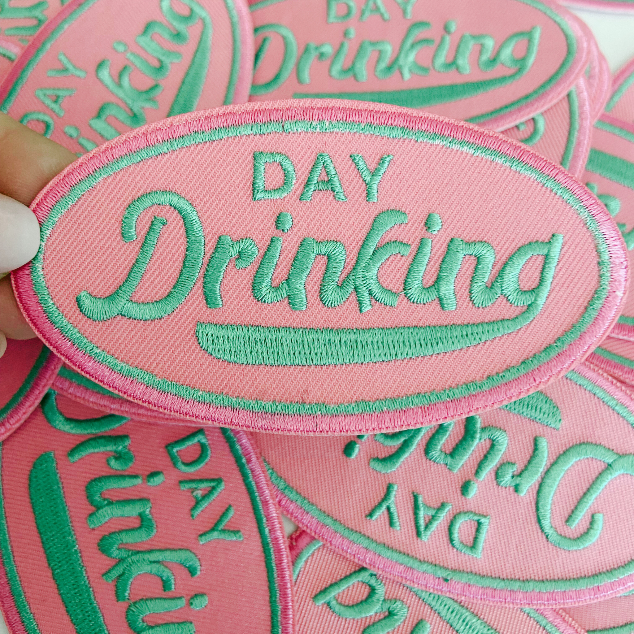 3.75" Day Drinking in Pink and Teal  -  Embroidered Hat Patch (Version 2)