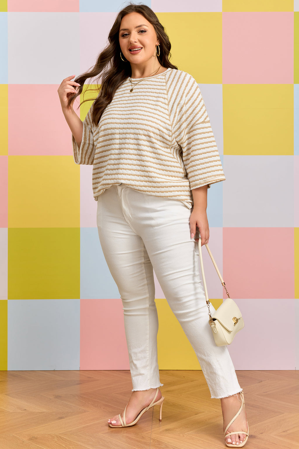 Apricot Stripe Plus Size Textured Patchwork Detail Half Sleeve Top
