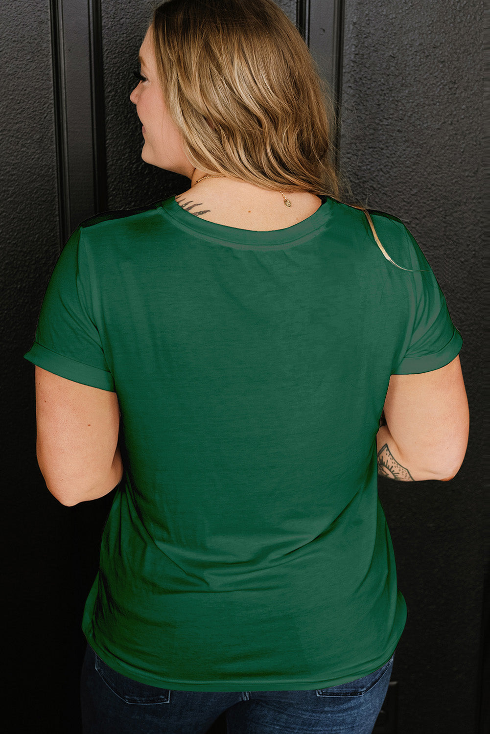 White Round Neck Rolled Sleeve Plus Size T-shirt