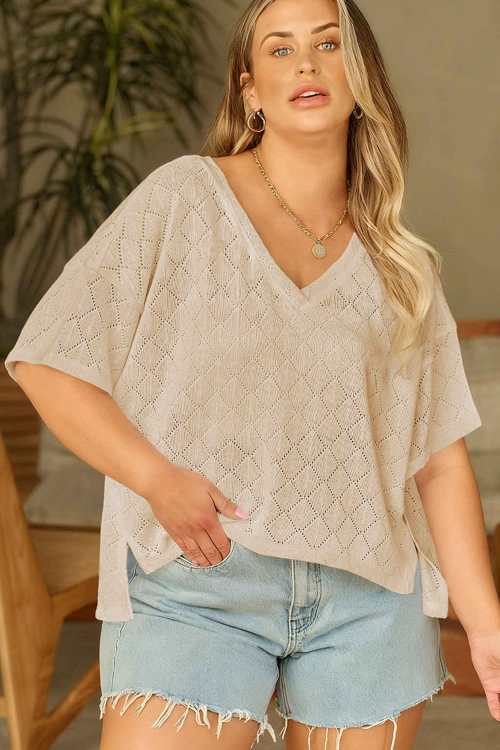 White Pointelle Rhombus Knit Plus Size V Neck Loose Top